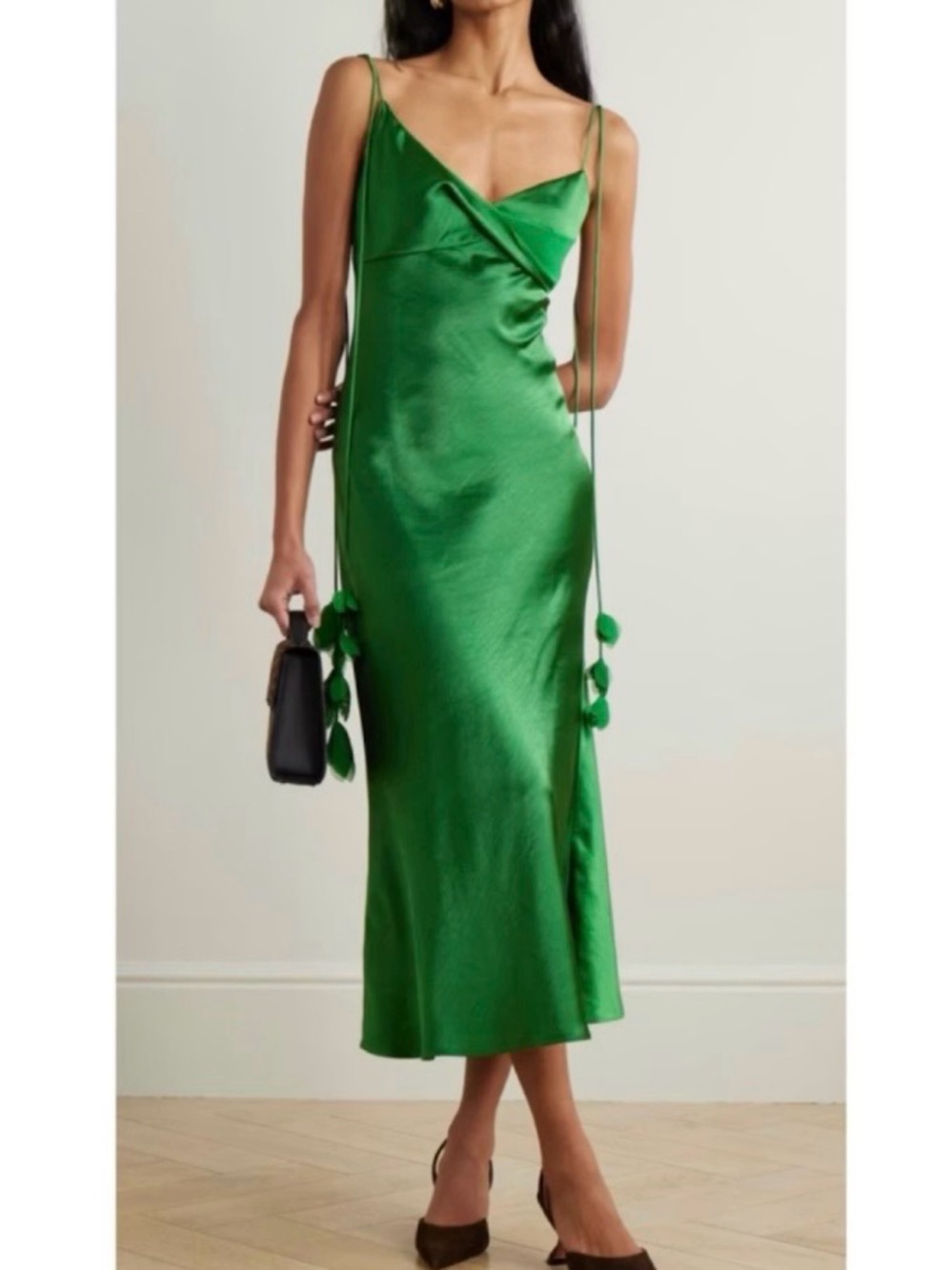 SELF-PORTRAIT Appliquéd Georgette-Trimmed Draped Satin Midi Dress Emerald Green